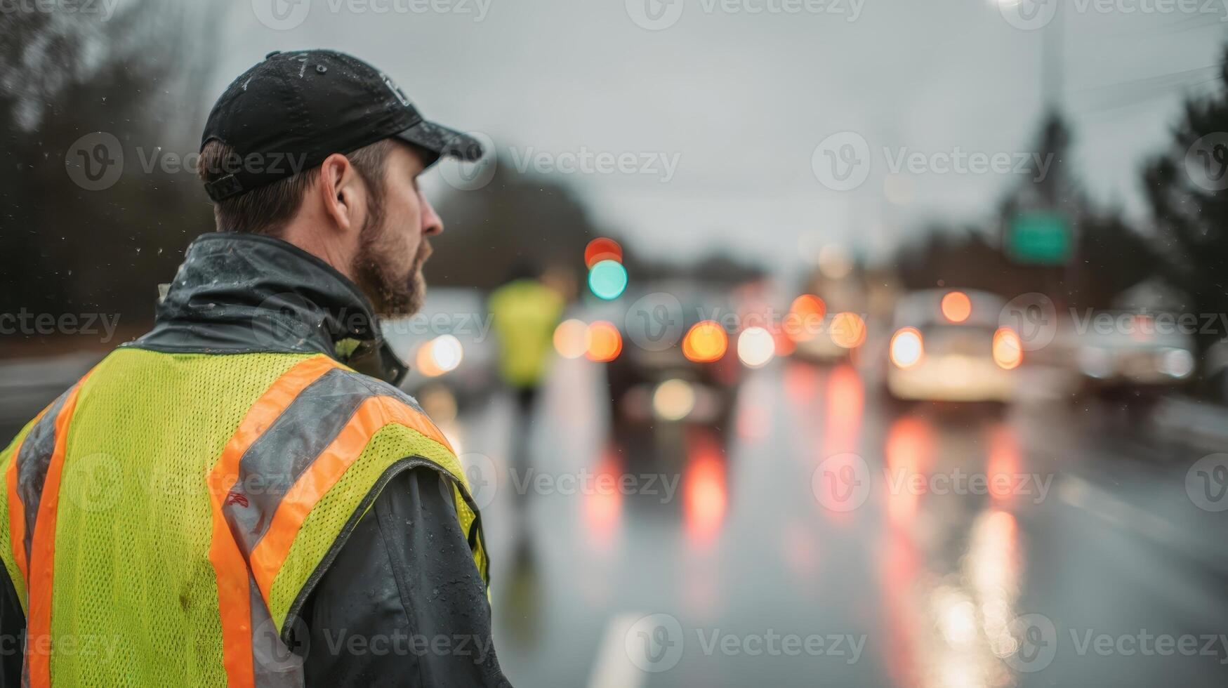 Safety officer monitors traffic flow during rainy conditions in urban area photo