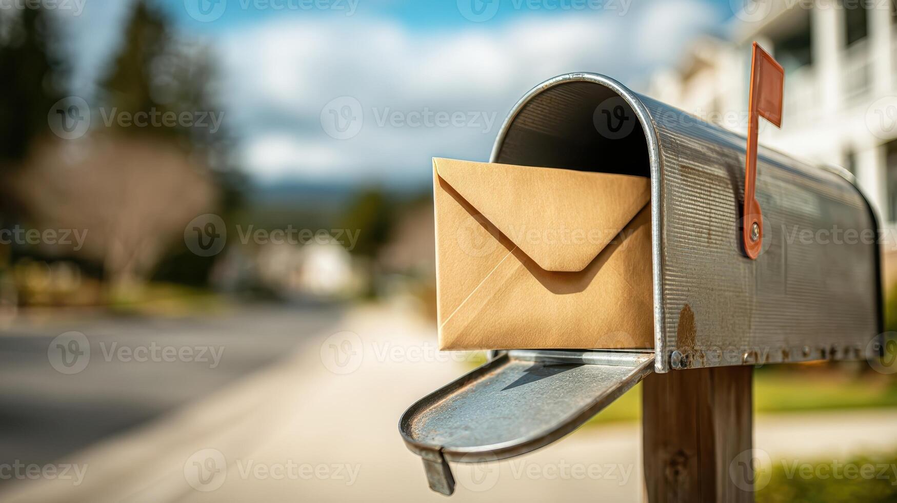 Small padded envelope partly out of mailbox on residential street in the afternoon photo
