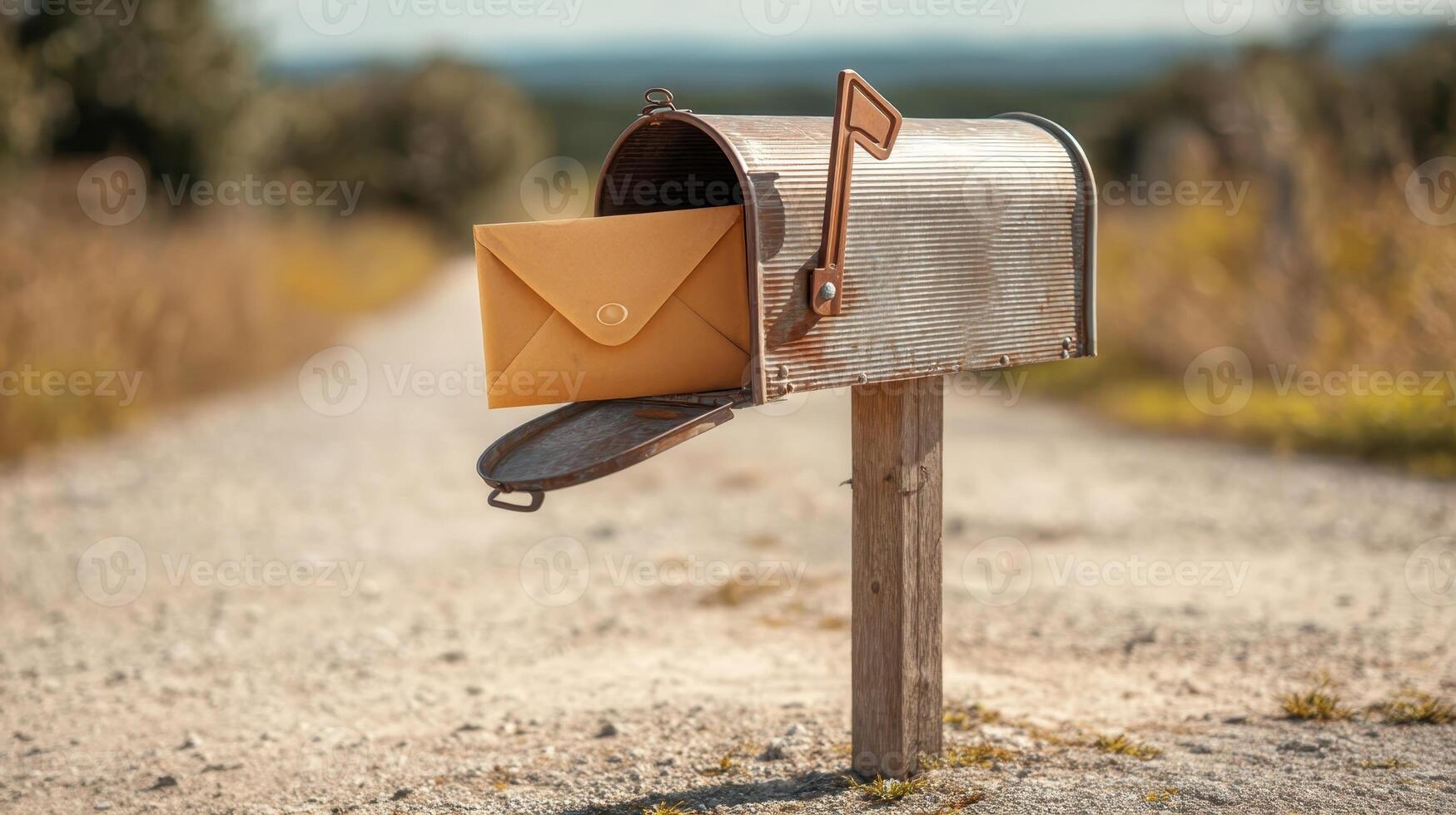 Small padded envelope partially sticking out of a rustic mailbox along a gravel road in a serene countryside setting photo