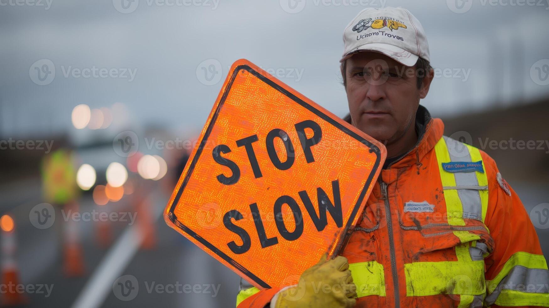 Road flagger controlling traffic with STOP SLOW sign during overcast daytime on busy highway photo