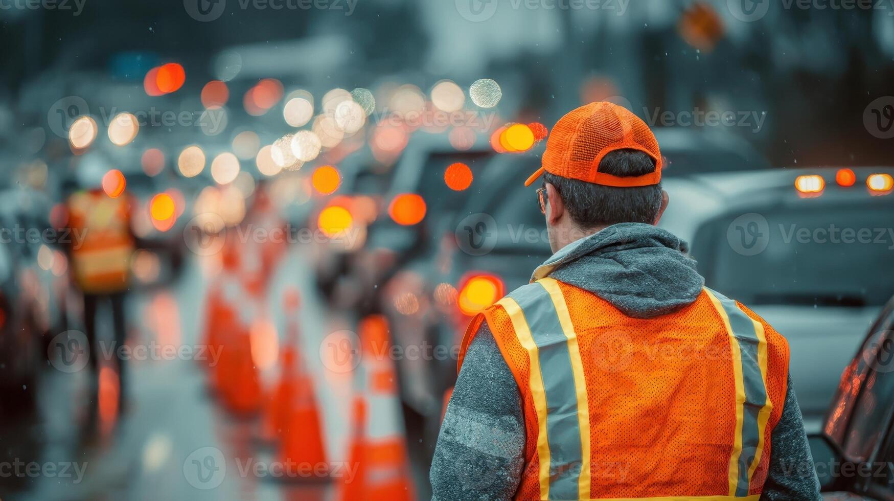 Safety officer in reflective vest directing traffic in rainy weather at busy intersection during evening photo