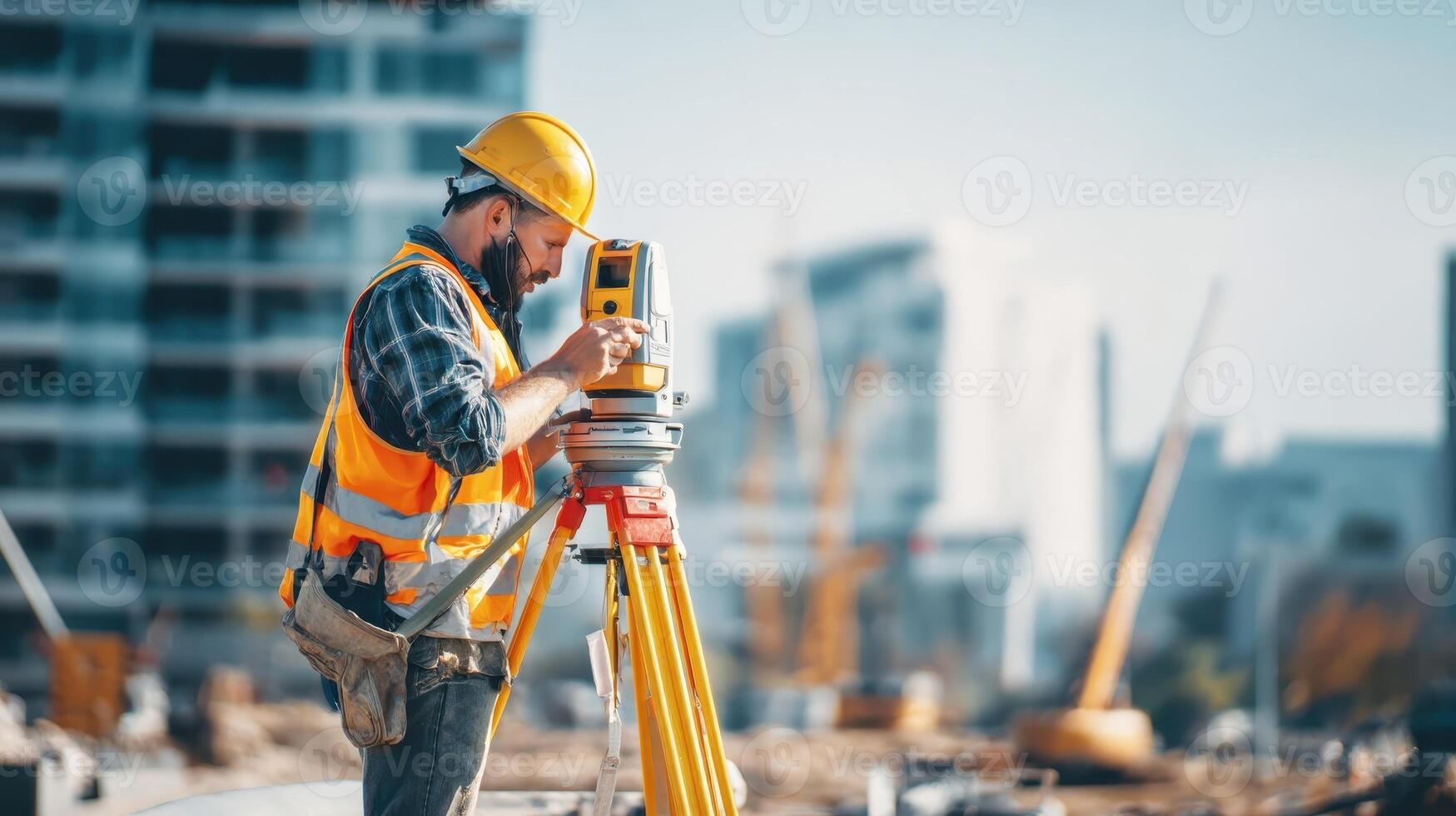 Surveyor measuring land at a bustling construction site in an urban area during daylight hours photo