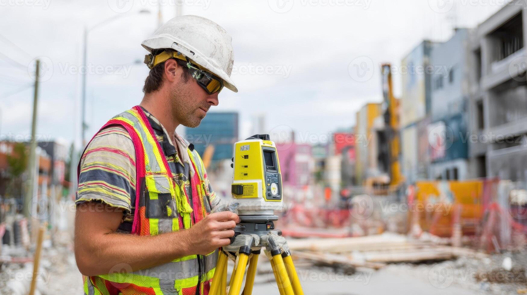 Surveyor performing precise measurements at a construction site during daytime photo