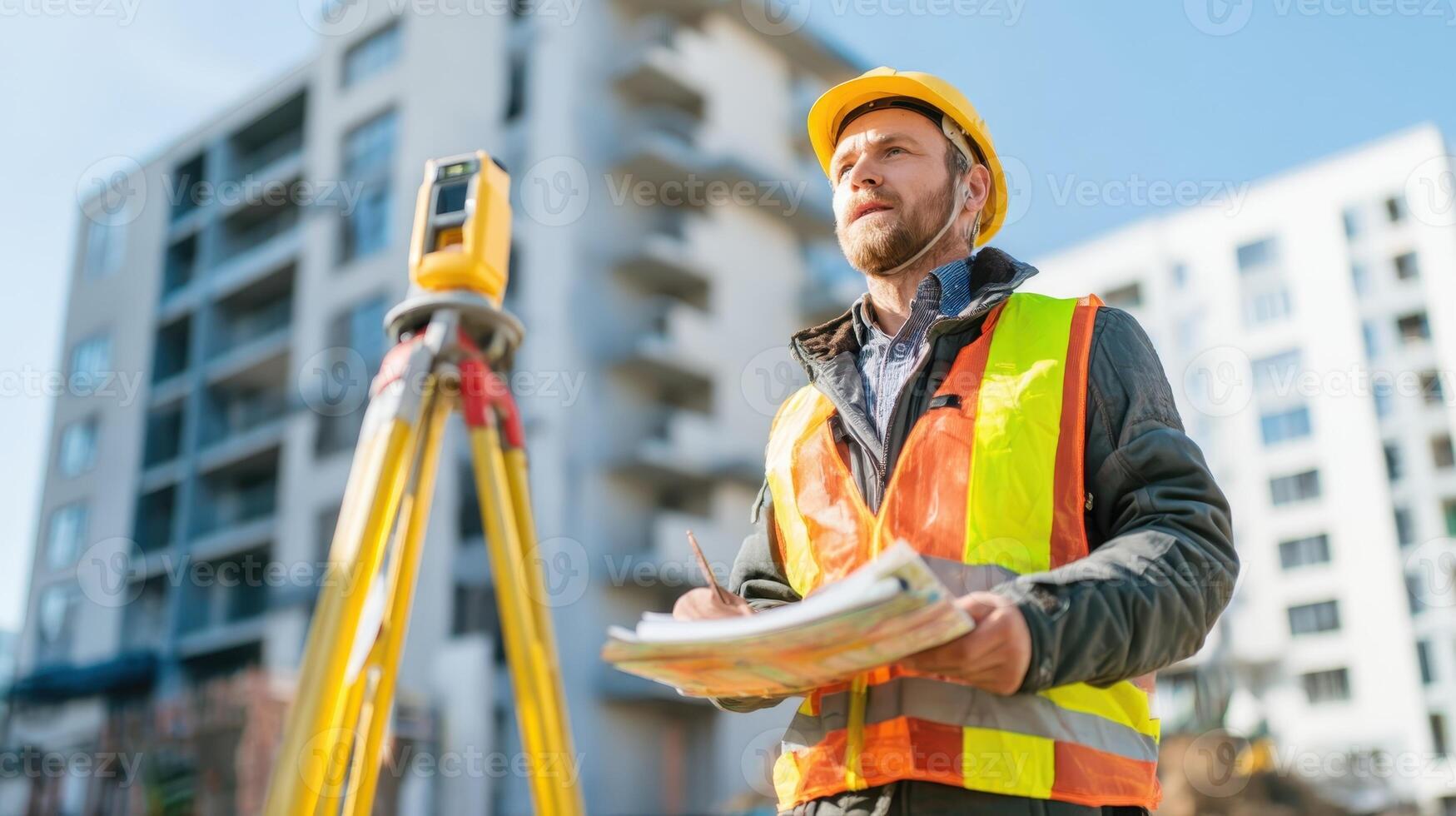 Surveyor wearing reflective vest measures land with equipment near urban construction site photo