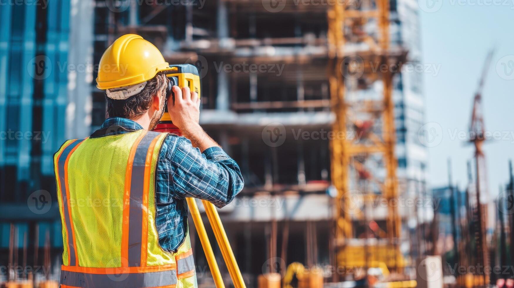 Surveyor in reflective vest measuring construction site with laser equipment under clear sky photo