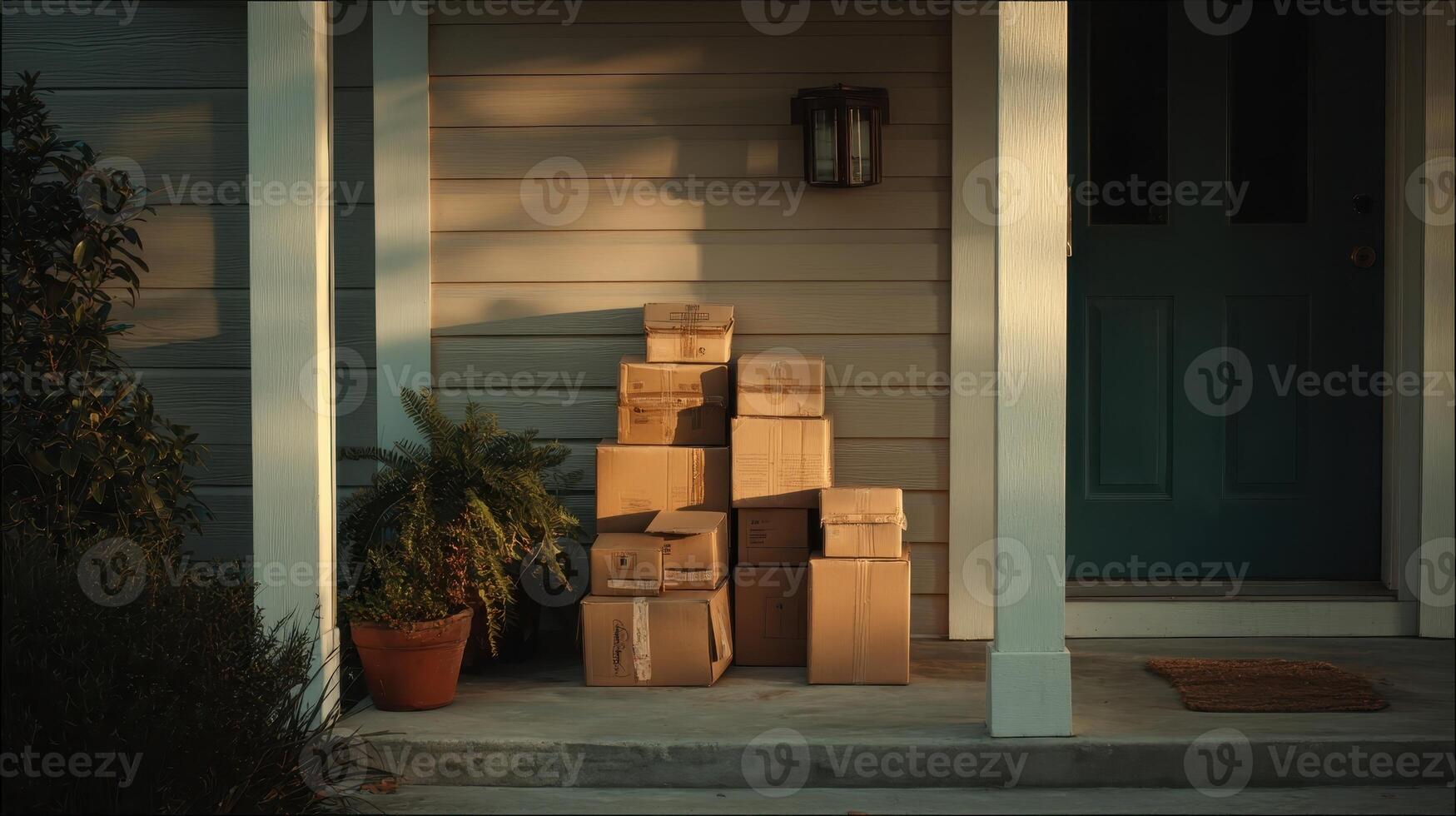 Stack of neatly arranged boxes on porch by suburban home during sunset photo