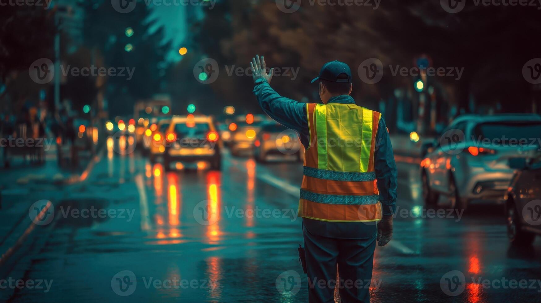 Traffic controller signals vehicles in urban setting during rainy evening commute photo