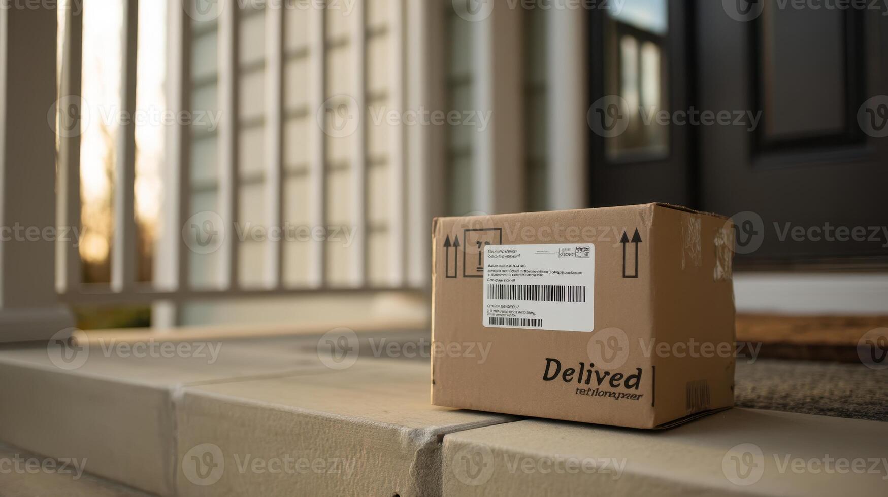 Cardboard box with shipping label left at front door during evening hours photo