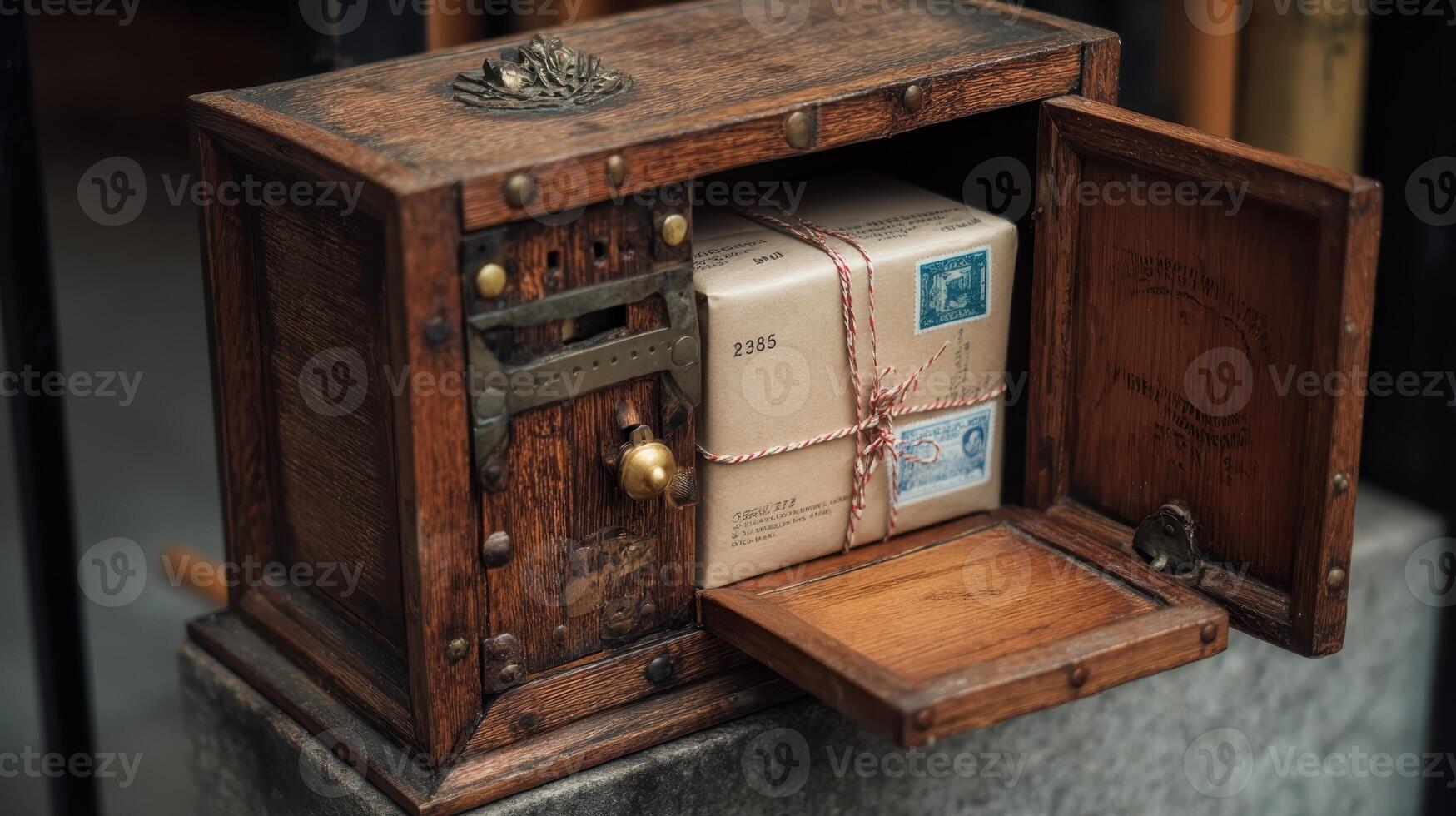 Vintage style wooden mailbox with a small package resting inside on a stone surface photo