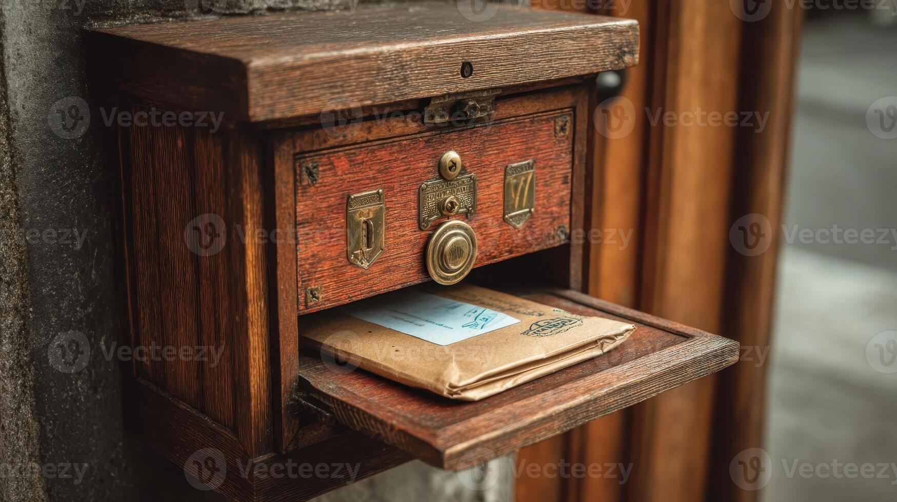 Vintage wooden mailbox holds a small package in a rustic outdoor setting, offering charm and character photo