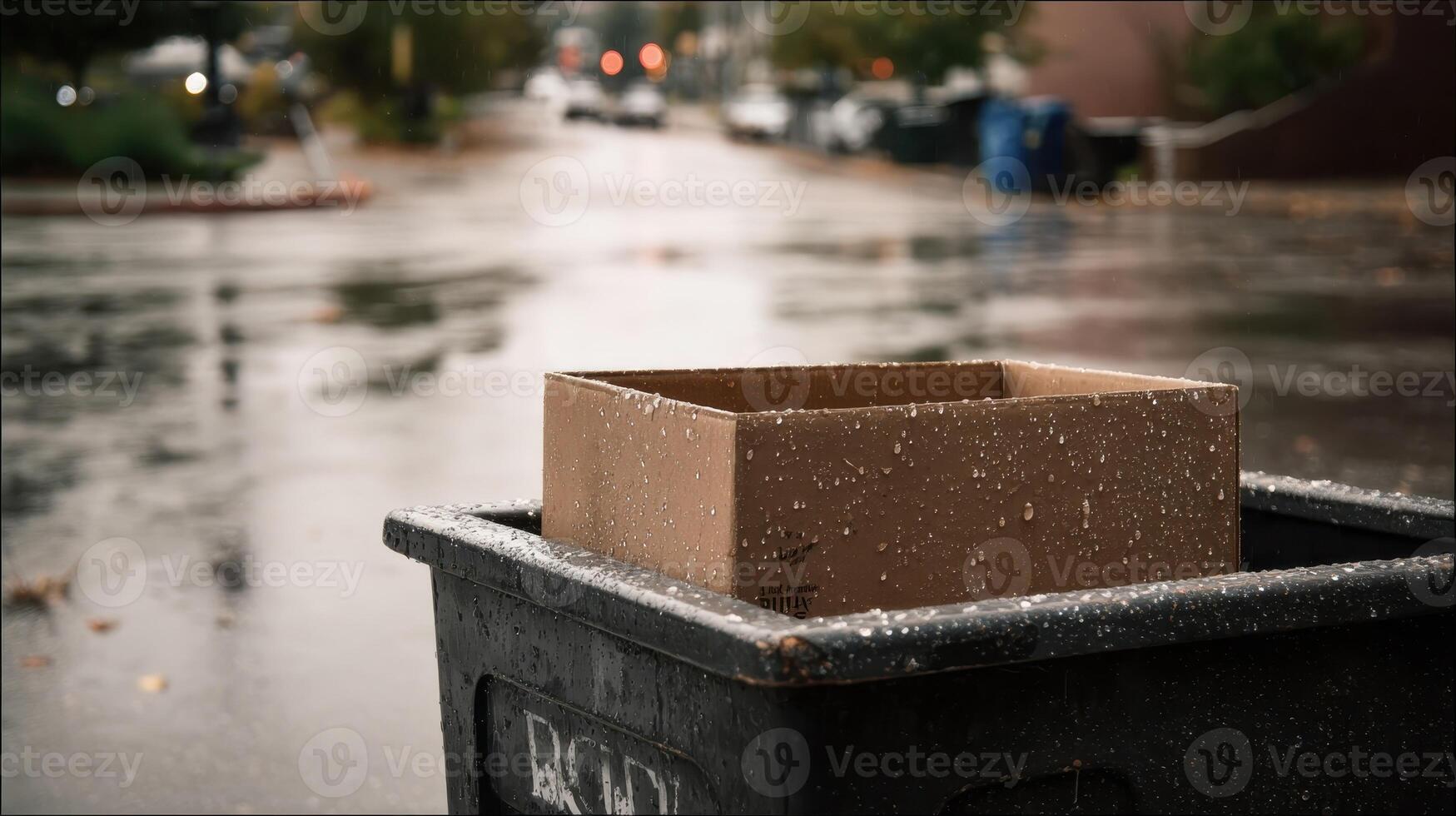 Cardboard box resting on top of a garbage bin during rainy weather in an urban setting photo