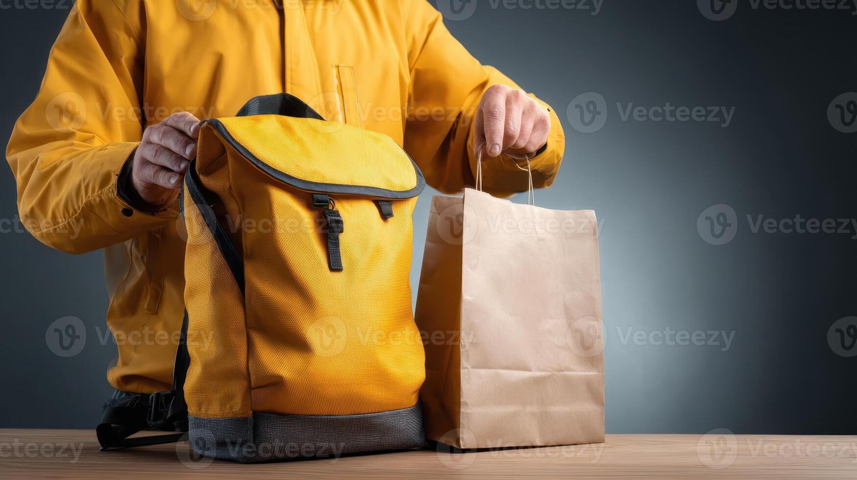 Courier opens yellow insulated bag for food delivery during an evening shift in an urban area photo