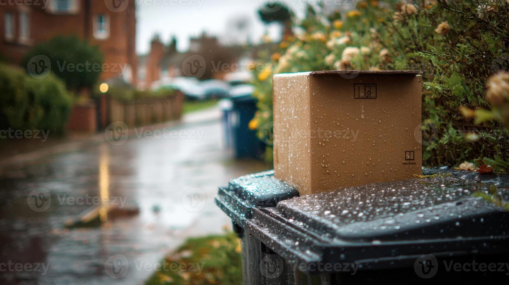 Cardboard box resting on garbage bin in a rainy neighborhood during late afternoon photo