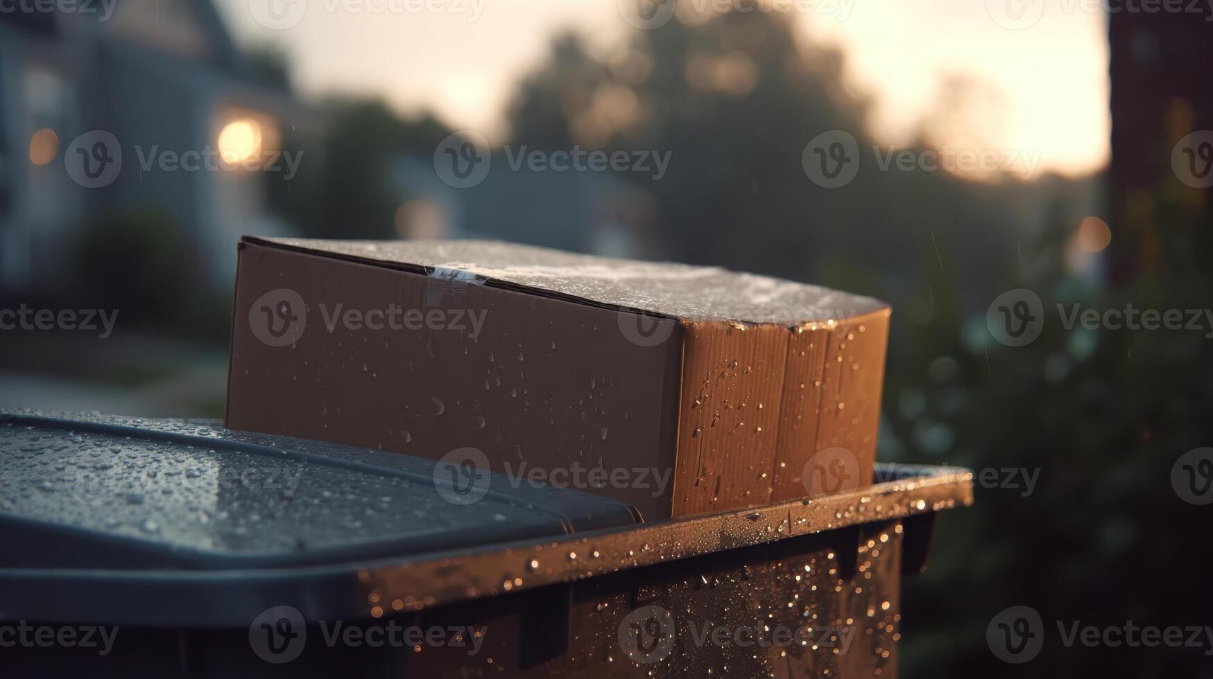 Cardboard box resting on garbage bin after rain in suburban neighborhood during early evening photo