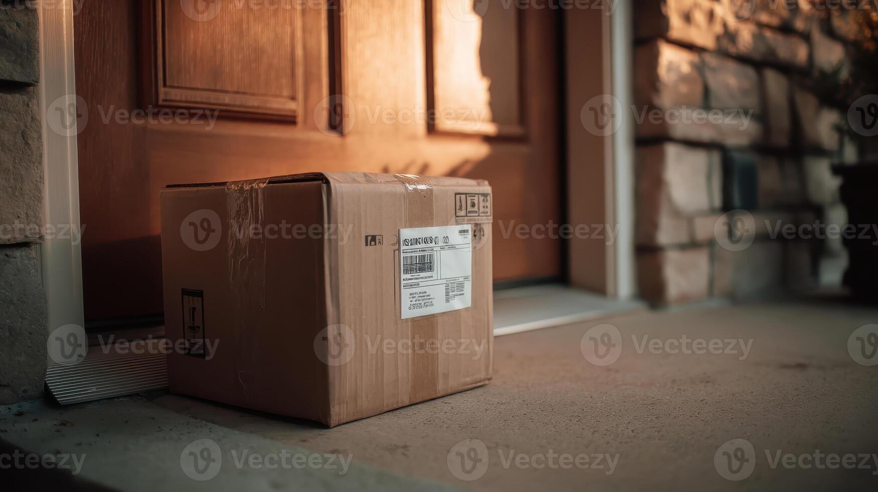 Cardboard box with shipping label left at the front door of a house during evening light photo