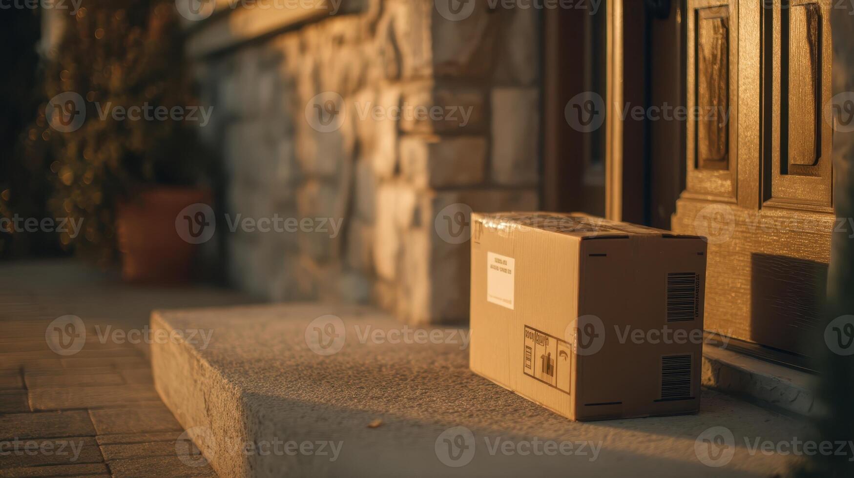Cardboard box with shipping label placed at front door during evening light photo