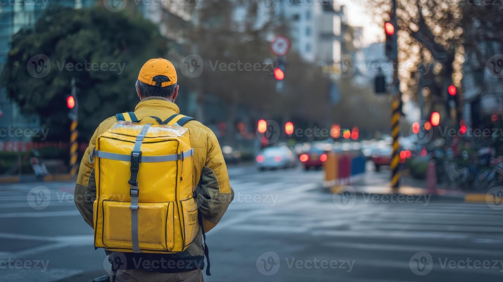 Delivery worker in yellow insulated bag waits at intersection during late afternoon rush hour photo