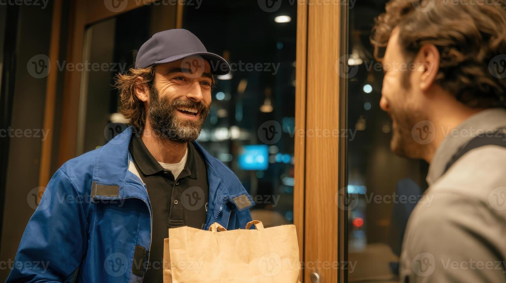 Courier interacts with restaurant staff during delivery at night in a bustling urban area photo