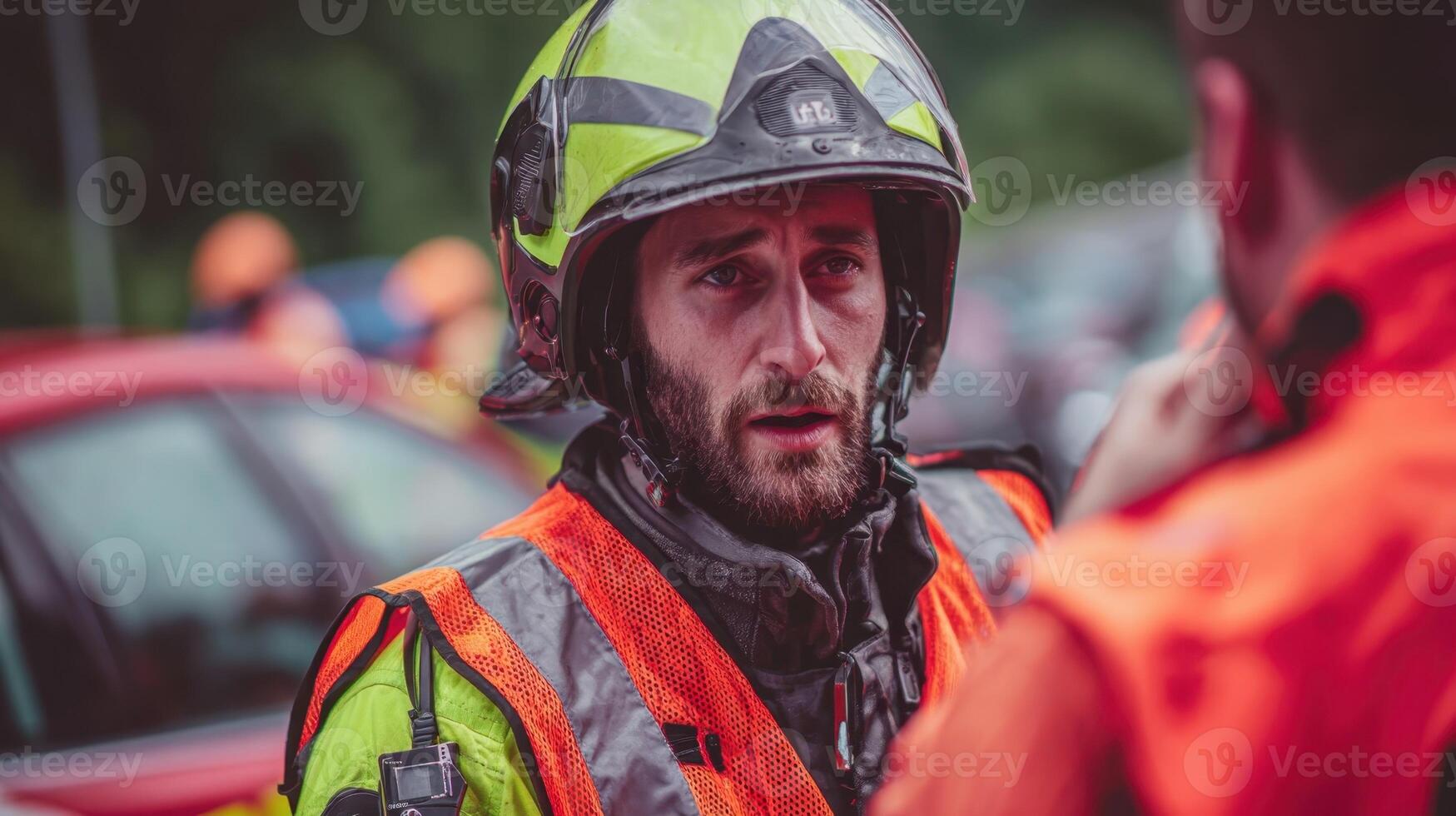Firefighter in high visibility vest providing assistance during emergency response operation photo