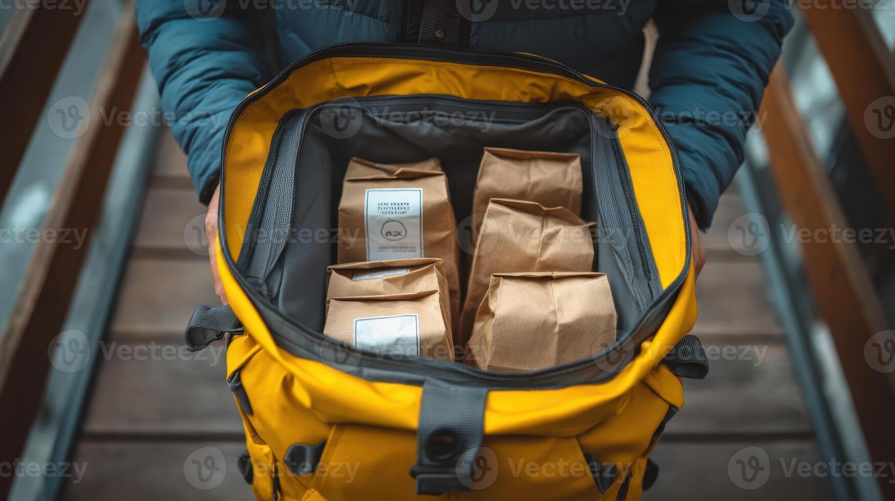 Courier organizes multiple paper bags in a yellow backpack while preparing for delivery during the day photo