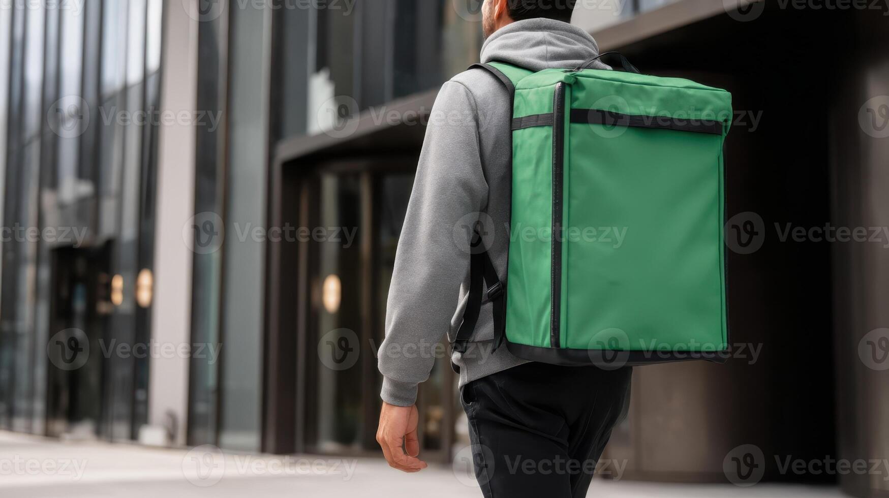 Delivery person carrying a green square shaped bag on the way to fulfill orders in a city setting photo