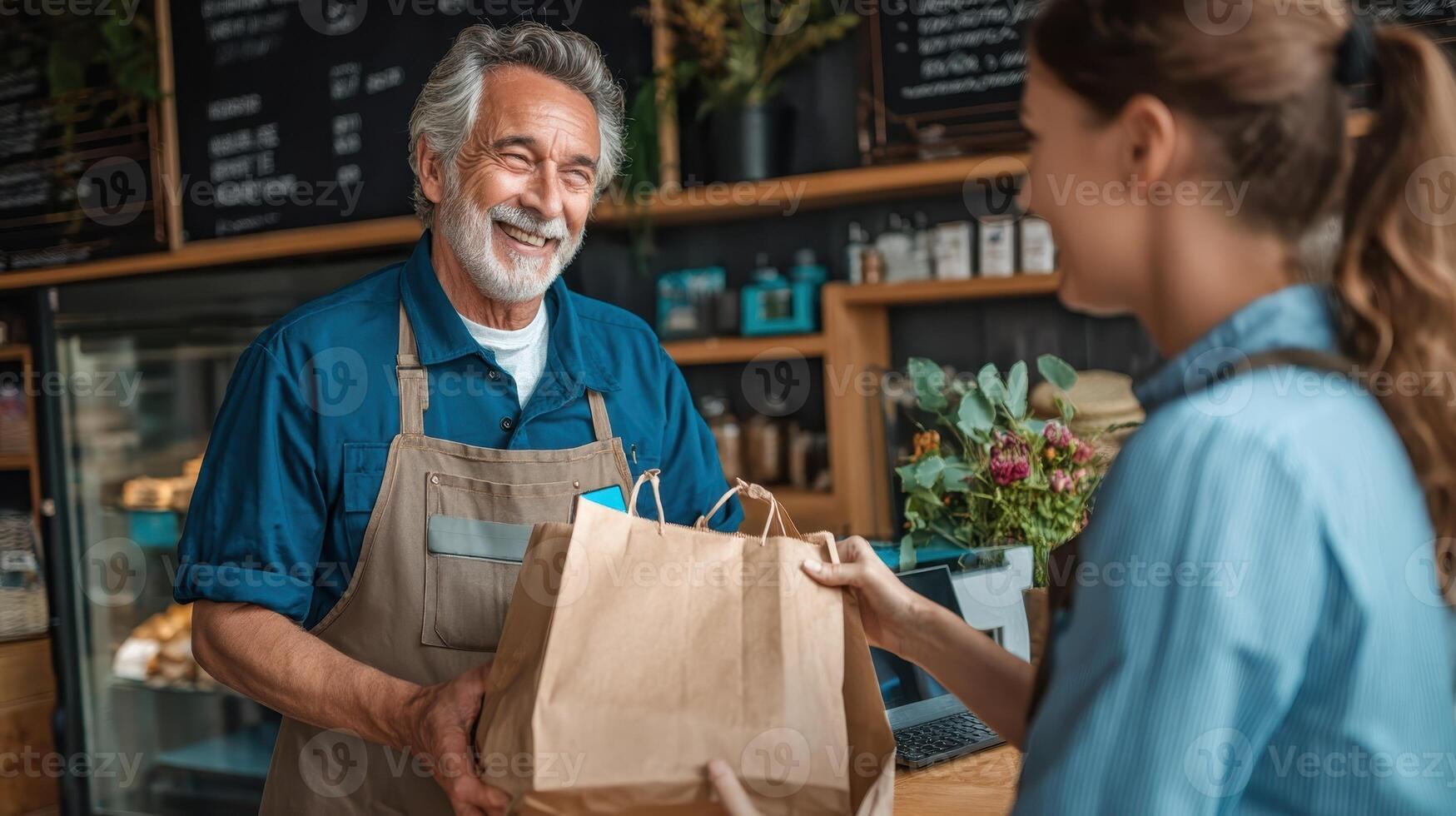 Delivery person receives a large paper bag order from a smiling worker at a cafe photo