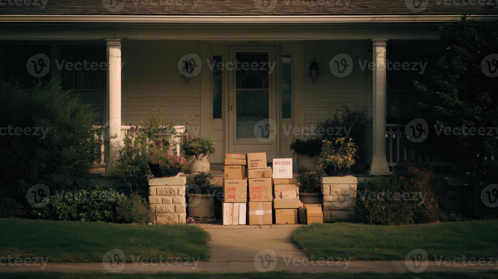 Boxes neatly stacked in front of a suburban home during late afternoon light photo