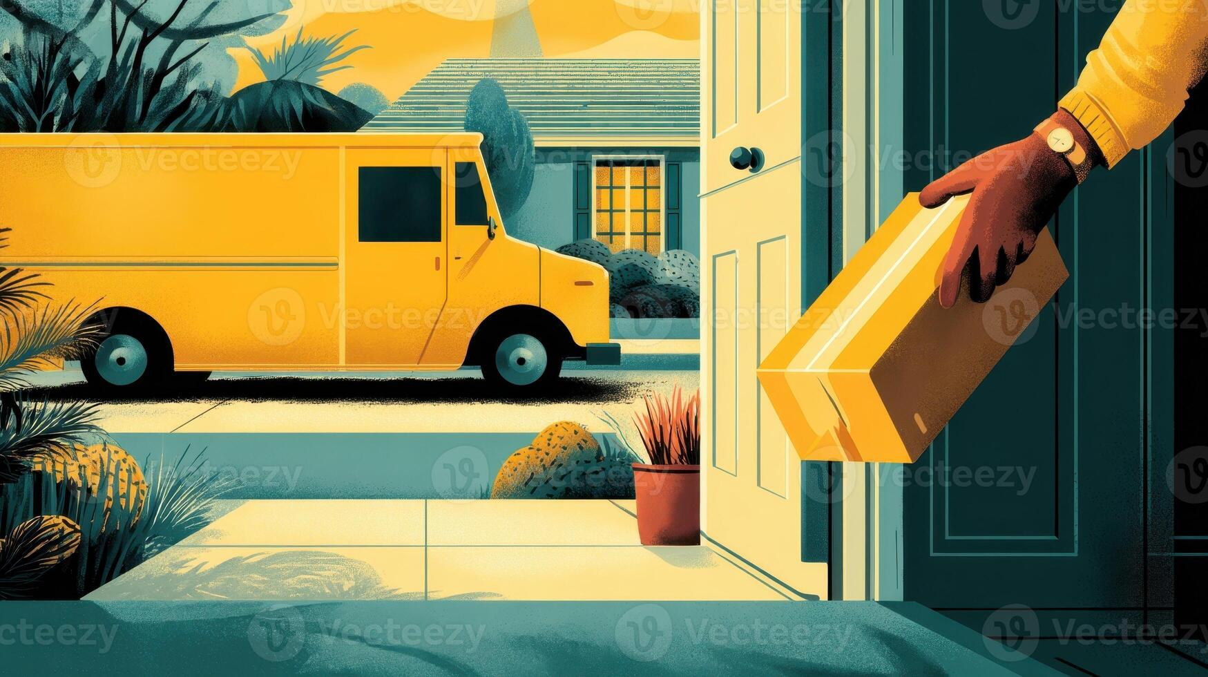Hands reach for a package left at the door while a delivery truck waits nearby in a suburban setting photo