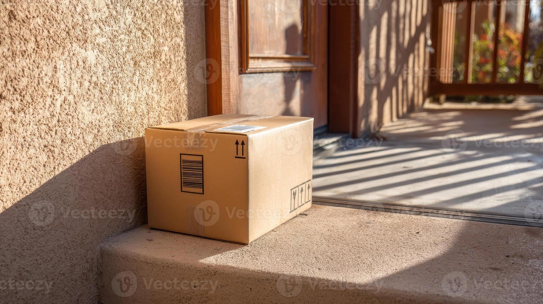 Cardboard box with shipping label resting on doorstep during sunny day at residential home photo