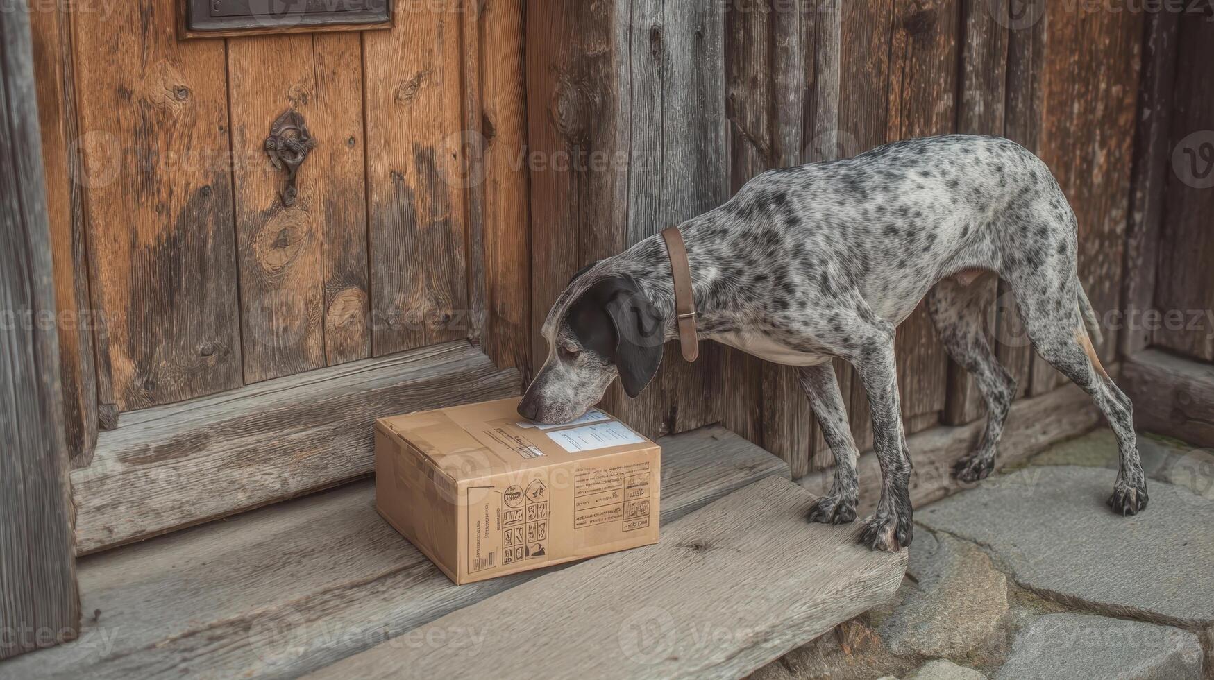 Curious dog sniffs a parcel on the porch of a rustic wooden house in the afternoon sunlight photo