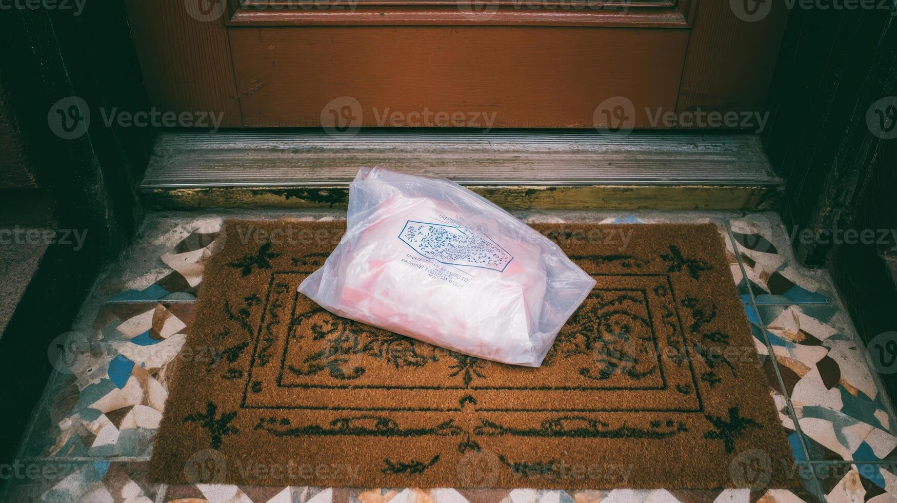 Package resting on a welcome mat outside a door in a residential setting during daylight hours photo