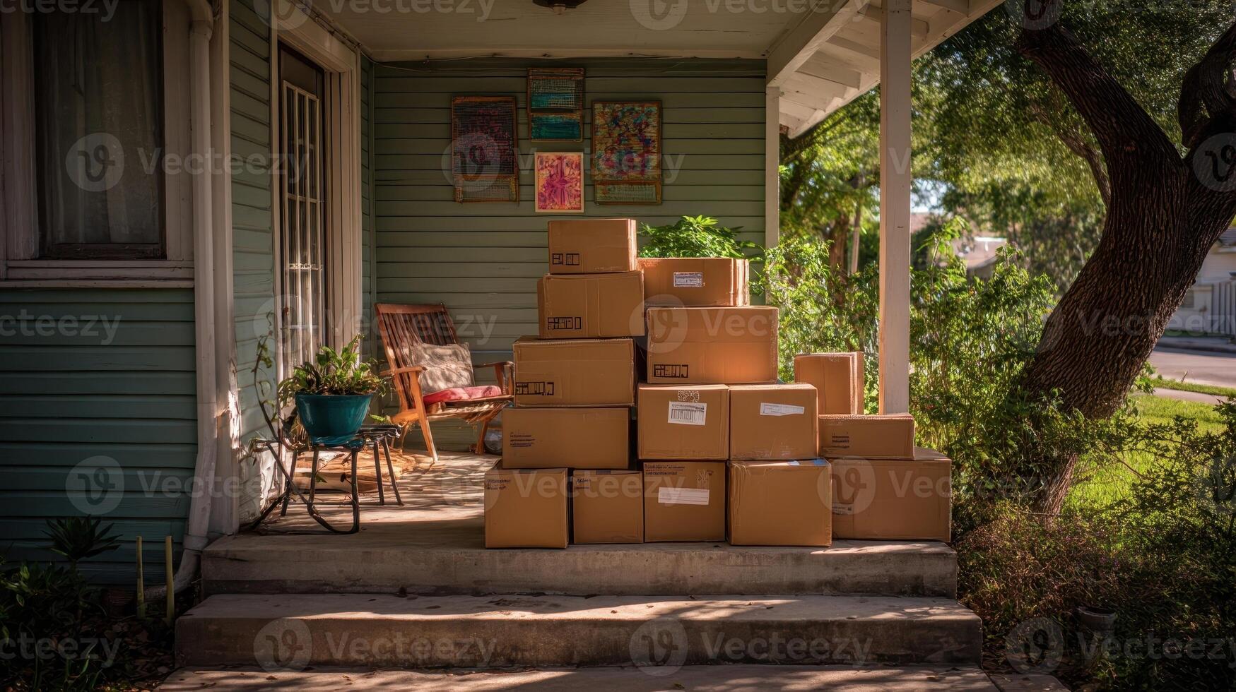 Neatly stacked boxes on the porch of a suburban home during daytime photo