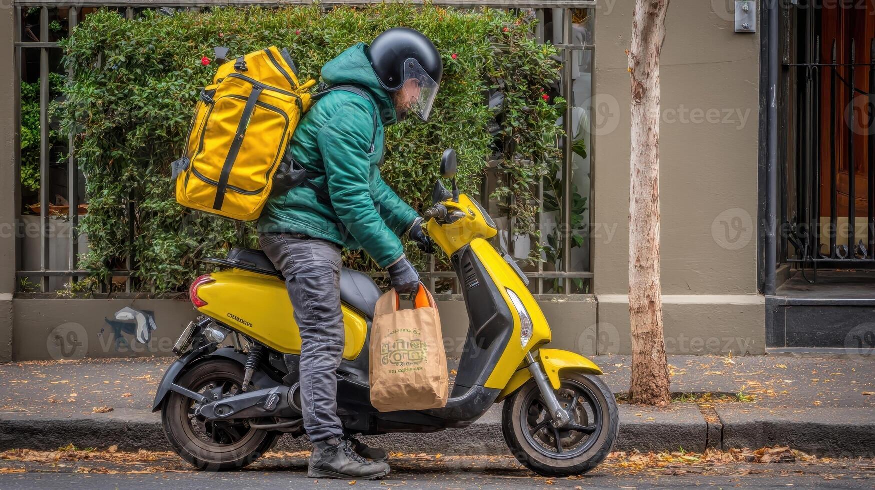 Rider parks scooter and retrieves bag while delivering food in urban setting photo