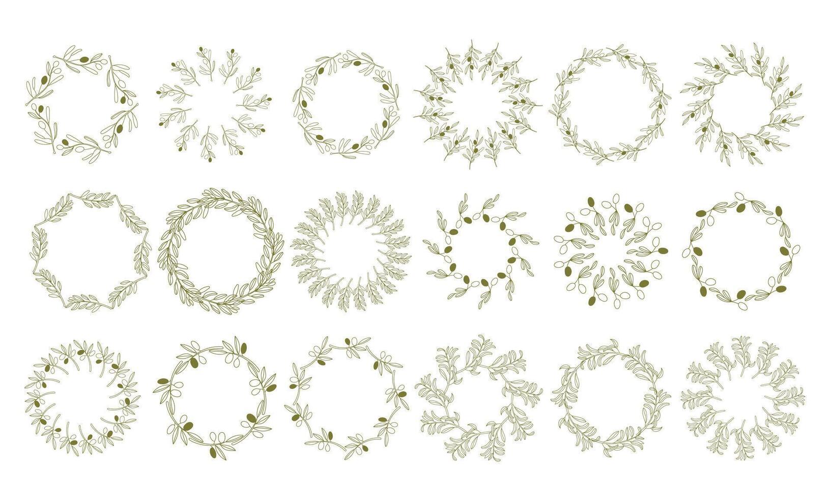 Set of wreaths and branches with leaves. Hand drawing laurel wreaths and branches collection. Laurels wreaths, swirls, twigs and flower ornaments. Herbs, olive and plants elements. Design elements vector