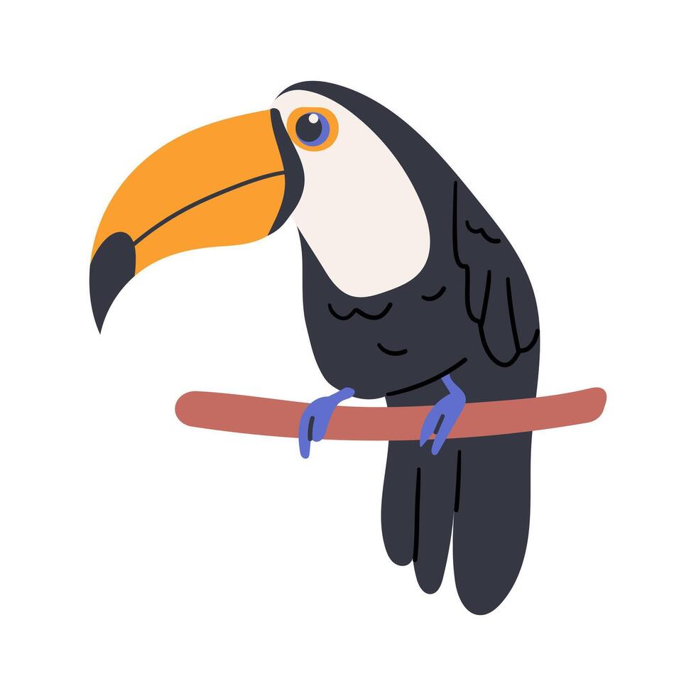 A large toucan sits on a branch. Bright illustration of tropical toucan bird isolated on white background. Stock hand drawn illustration for logo , banner , children design . vector
