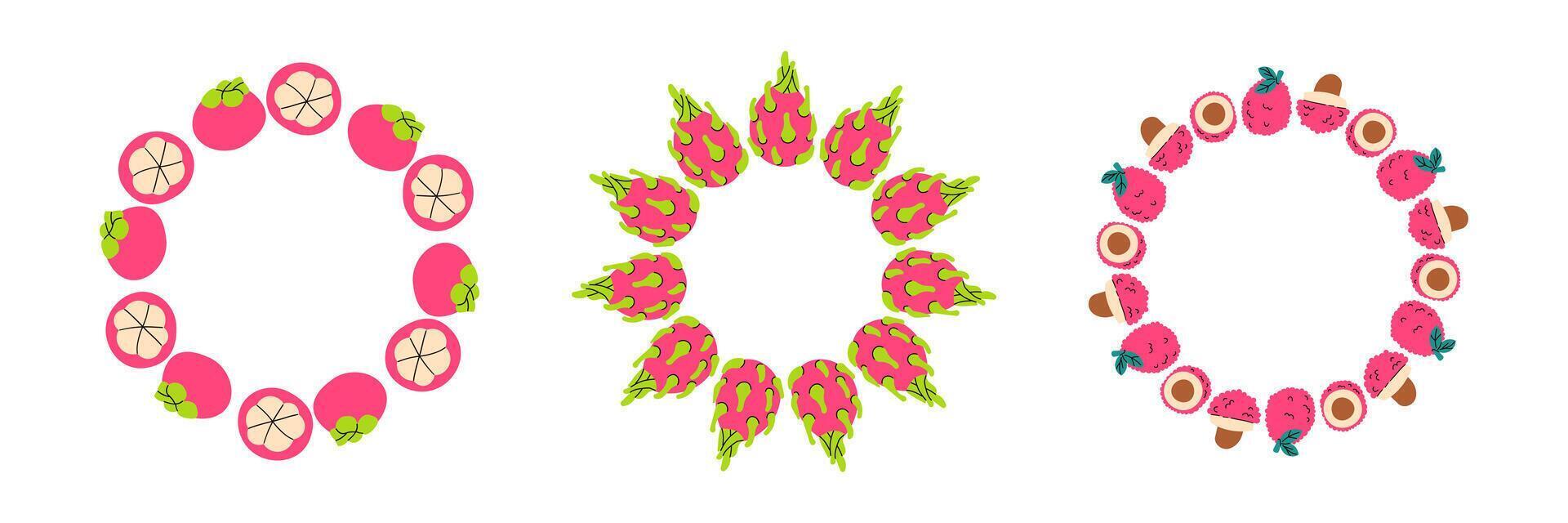 Fruit frame set. Different fruits design template, copy space. Cute hand drawn fruits round frame in doodle style. Circular template. Hand drawn fruits circle vector