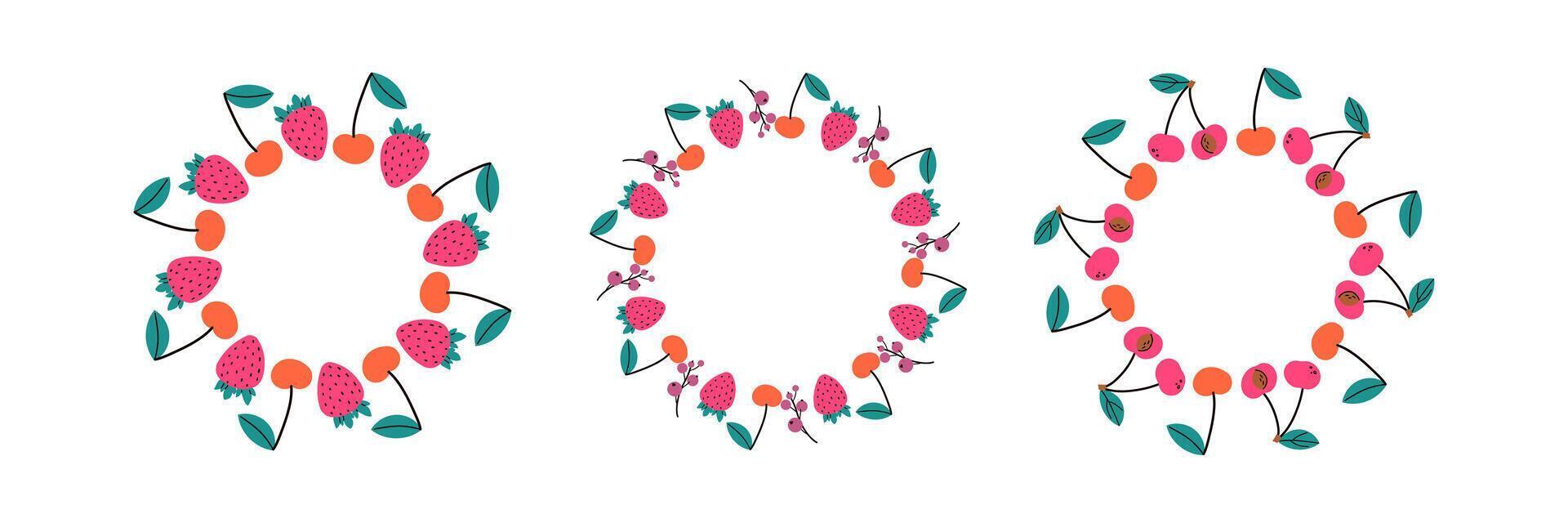 Fruit frame set. Different fruits design template, copy space. Cute hand drawn fruits round frame in doodle style. Circular template. vector