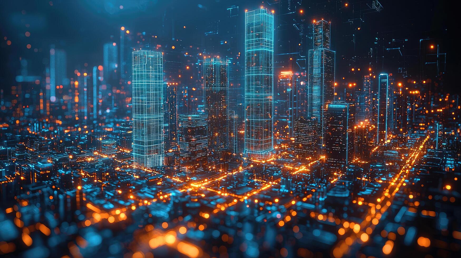 Futuristic Cityscape with Glowing Networks HighTech Urban Design, Data Connections, Artificial Intelligence, and Cyberpunk Aesthetics photo
