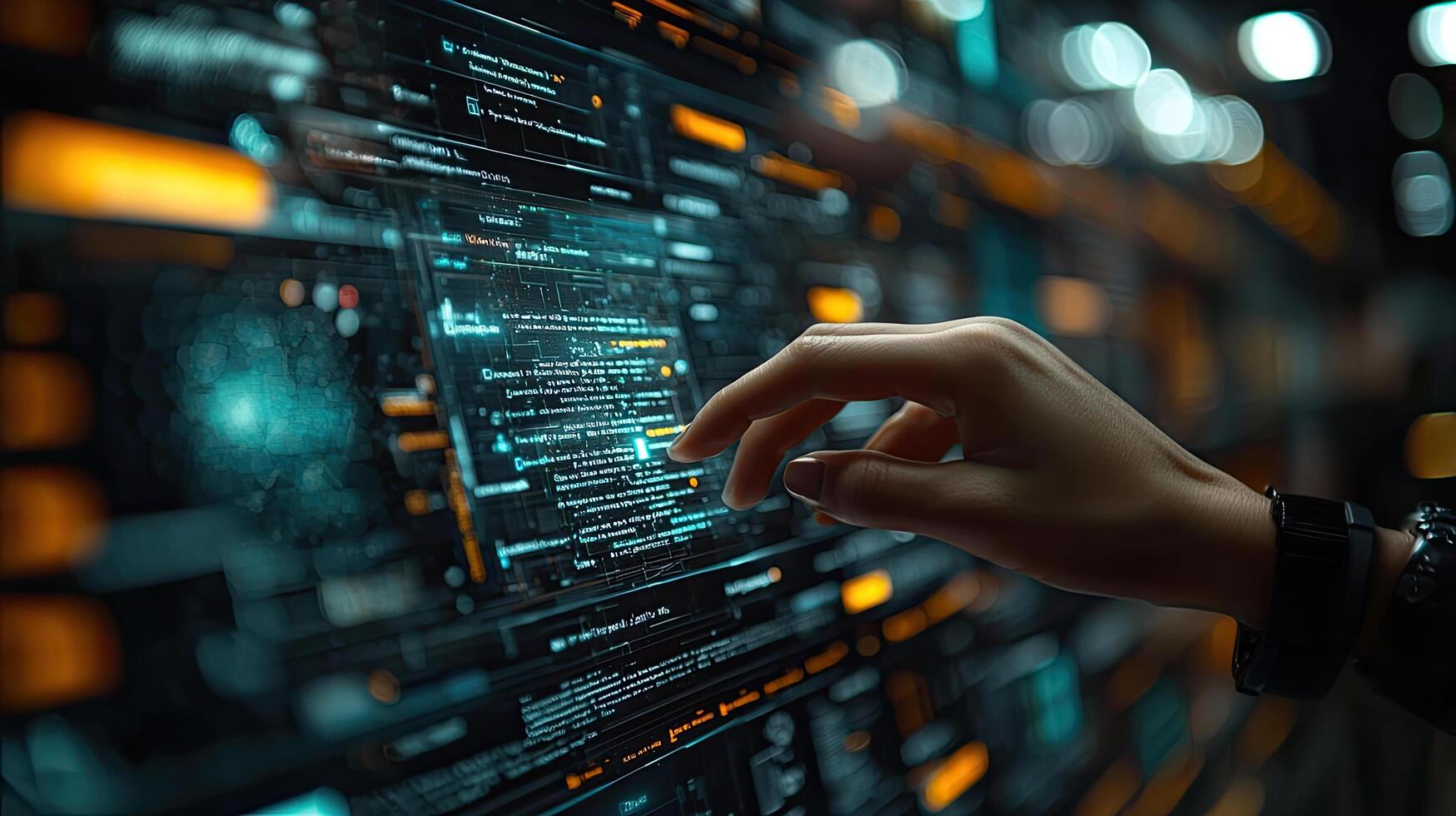 Futuristic Data Analysis A Hand Navigating Complex Code on Holographic Displays for Advanced Computing and Information Security. photo