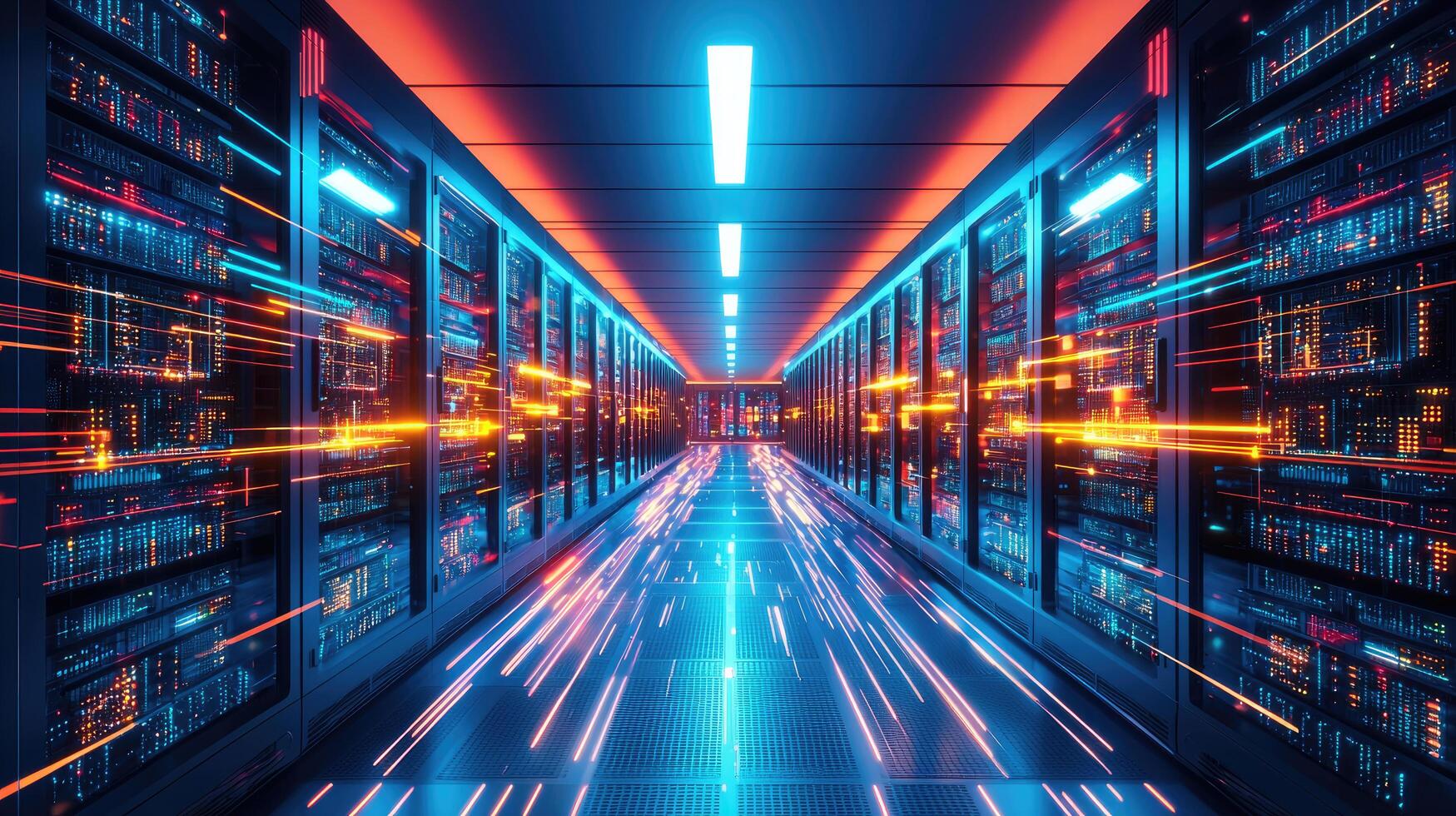 Futuristic Data Center Hallway with Server Racks and Data Flow, Cloud Computing and Information Technology. photo