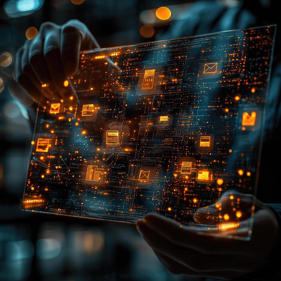 Futuristic Data Flow on Transparent Screen Held by Hands, Digital Interface with Glowing Icons. photo