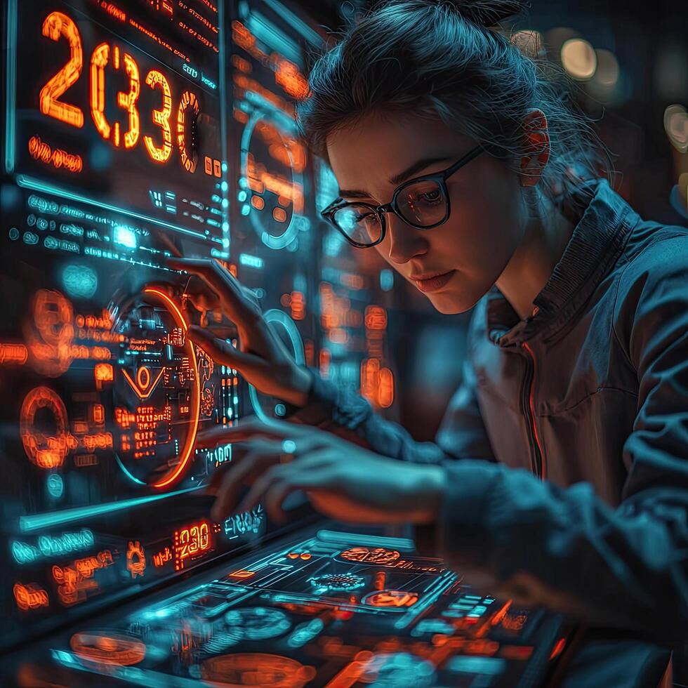 Futuristic Data Analyst Woman Interacting with Holographic Interface Displaying Cyberpunk Technology and 2030 Year. photo