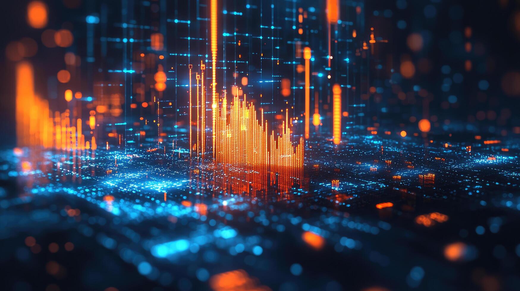 Futuristic Data Stream Visualization with Orange and Blue Light, Abstract Digital Network Technology, Information Flow. photo