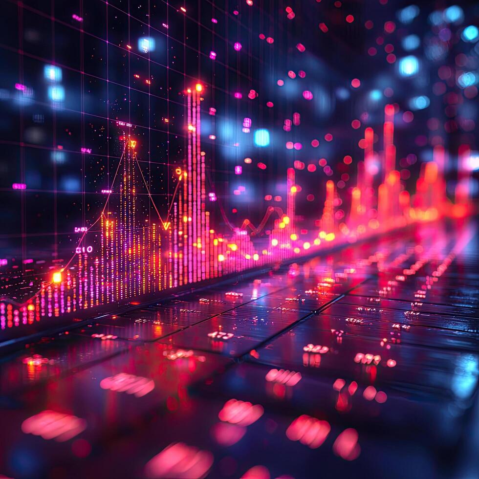 Futuristic Data Visualization Glowing Graph on Tech Grid with Abstract Bokeh Background for Digital Finance. photo