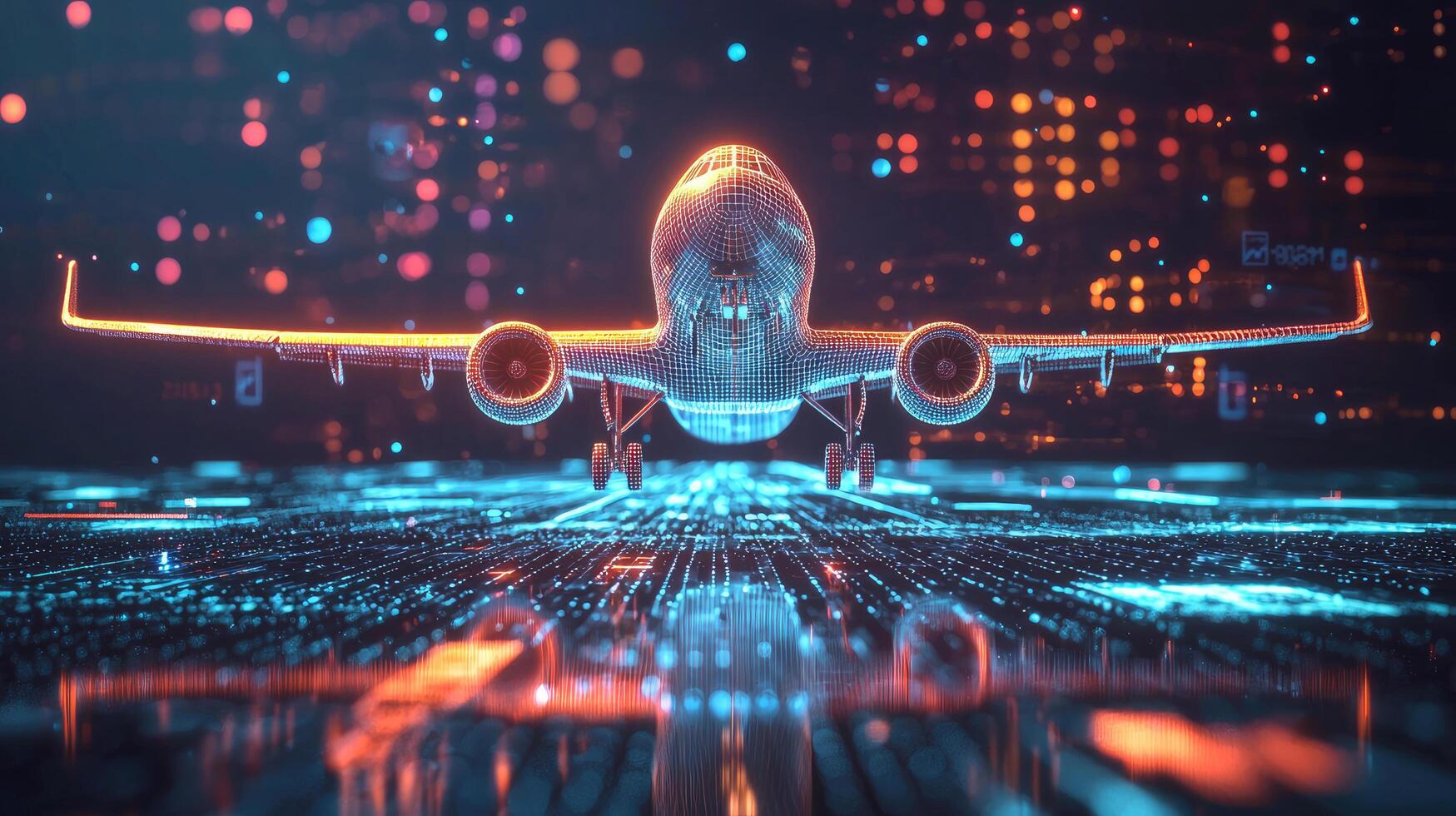 Futuristic Digital Airplane Model on Circuit Board, Technology Concept for Aviation and Data Connectivity. photo