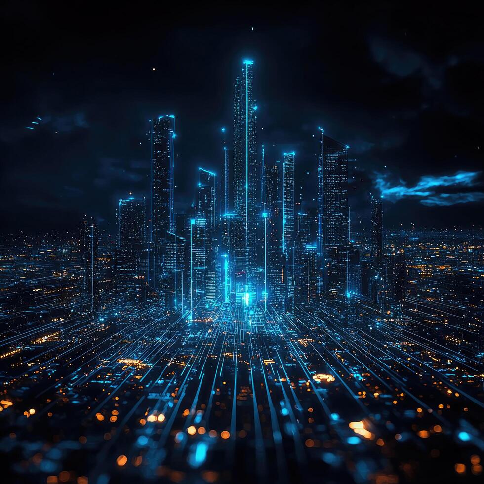 Futuristic Digital Cityscape at Night with Glowing Data Streams and Dark Cloudy Sky, High Tech Urban Technology photo