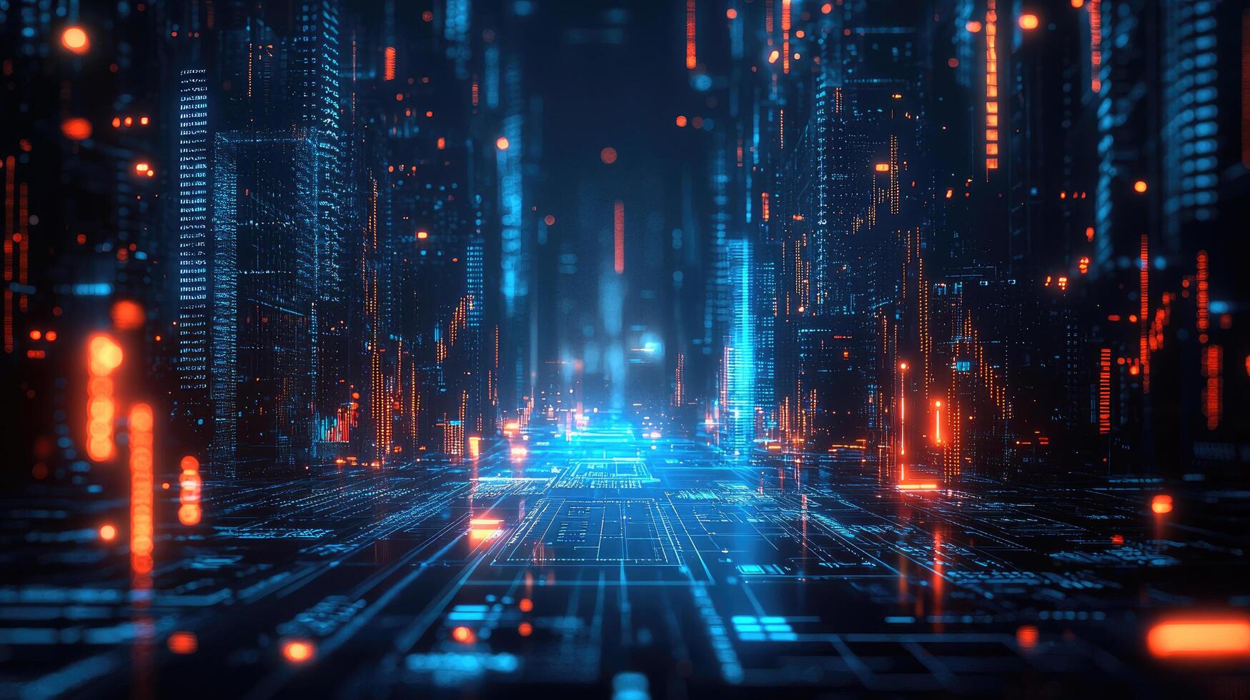 Futuristic Digital Cityscape with Data Streams, Complex Network Connection, AI Technology Concept, and Information Flow. photo