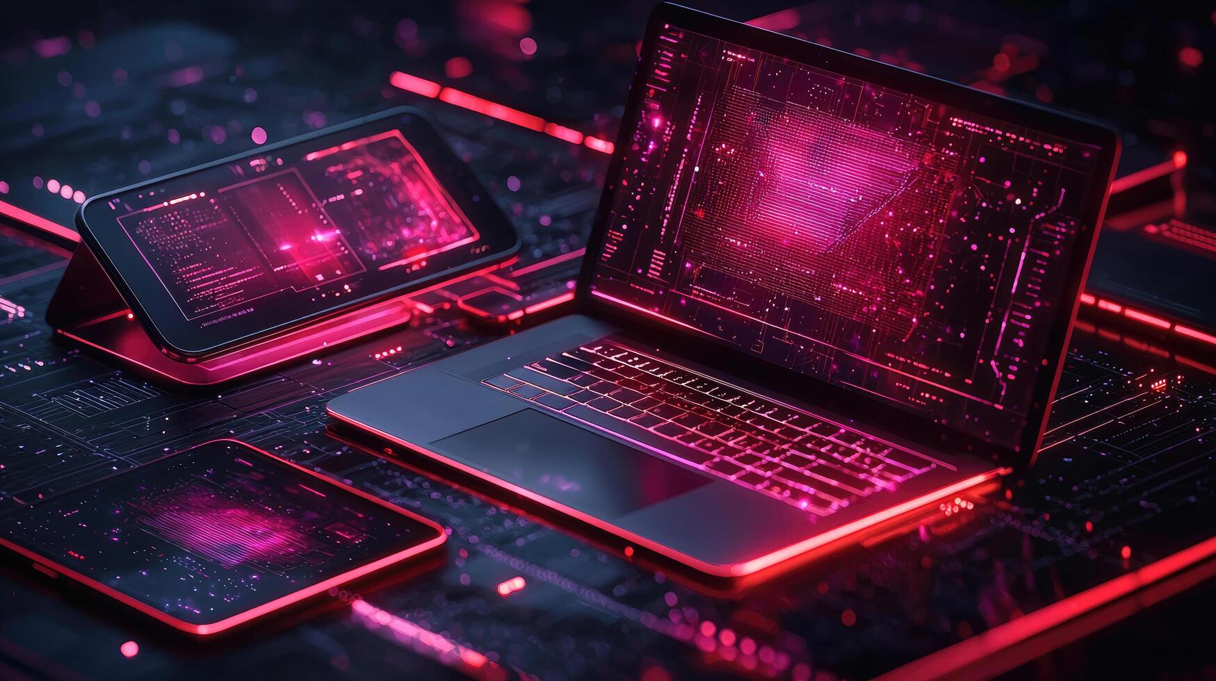 Futuristic Digital Devices Network Laptop, Tablets, and Circuit Board with Glowing RedPurple Cybernetic Lines. photo