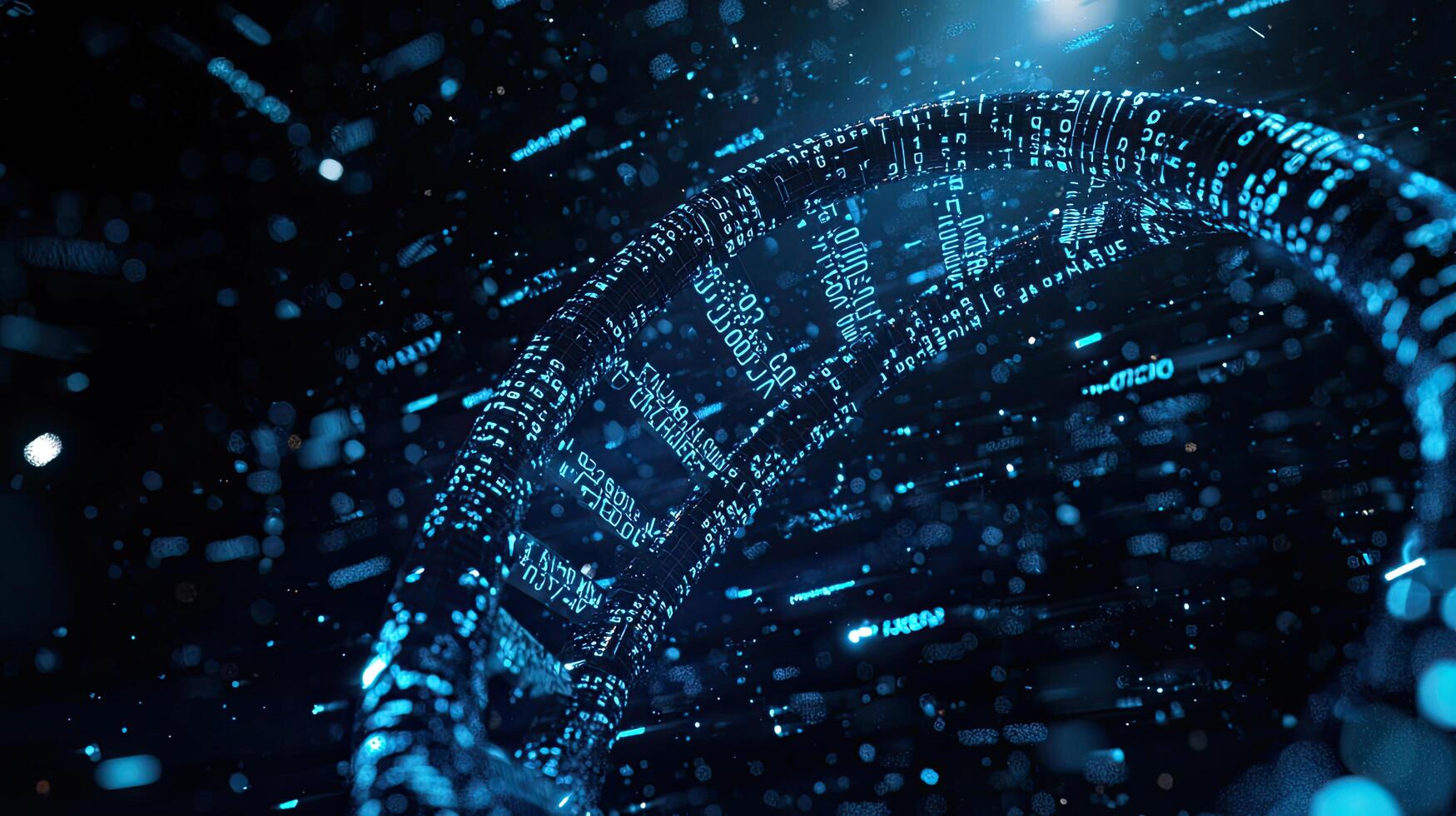 Futuristic Digital DNA Helix Structure with Binary Code, Science, Technology, and Biotechnology Concept with Dark Background photo