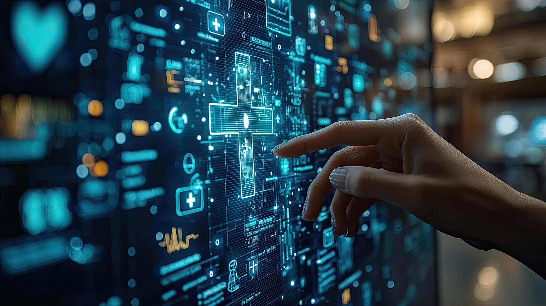 Futuristic Medical Technology Interface Hand Interacting with Digital Healthcare Screen for Telemedicine and Data Analysis photo